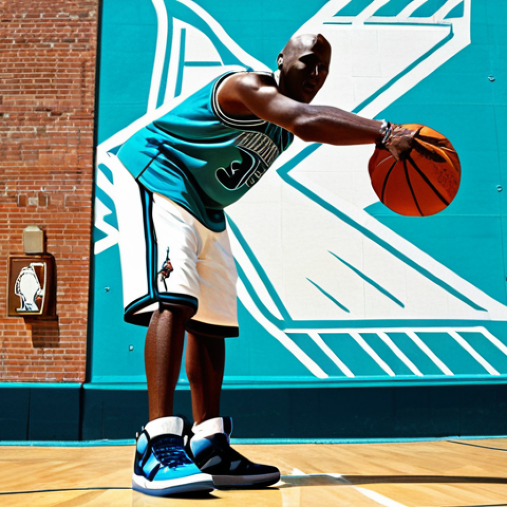 **

Michael Jordan wearing Air Jordan sneakers, confidently standing on a basketball court that transitions into a cityscape representing his business empire. The background should subtly include logos of Nike, Charlotte Hornets, and a restaurant symbol, with a philanthropic symbol (like helping hands) subtly incorporated.  Style:  Dynamic, vibrant, motivational poster.

**