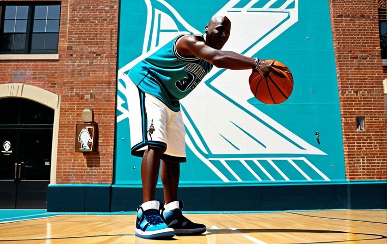 **

Michael Jordan wearing Air Jordan sneakers, confidently standing on a basketball court that transitions into a cityscape representing his business empire. The background should subtly include logos of Nike, Charlotte Hornets, and a restaurant symbol, with a philanthropic symbol (like helping hands) subtly incorporated.  Style:  Dynamic, vibrant, motivational poster.

**
