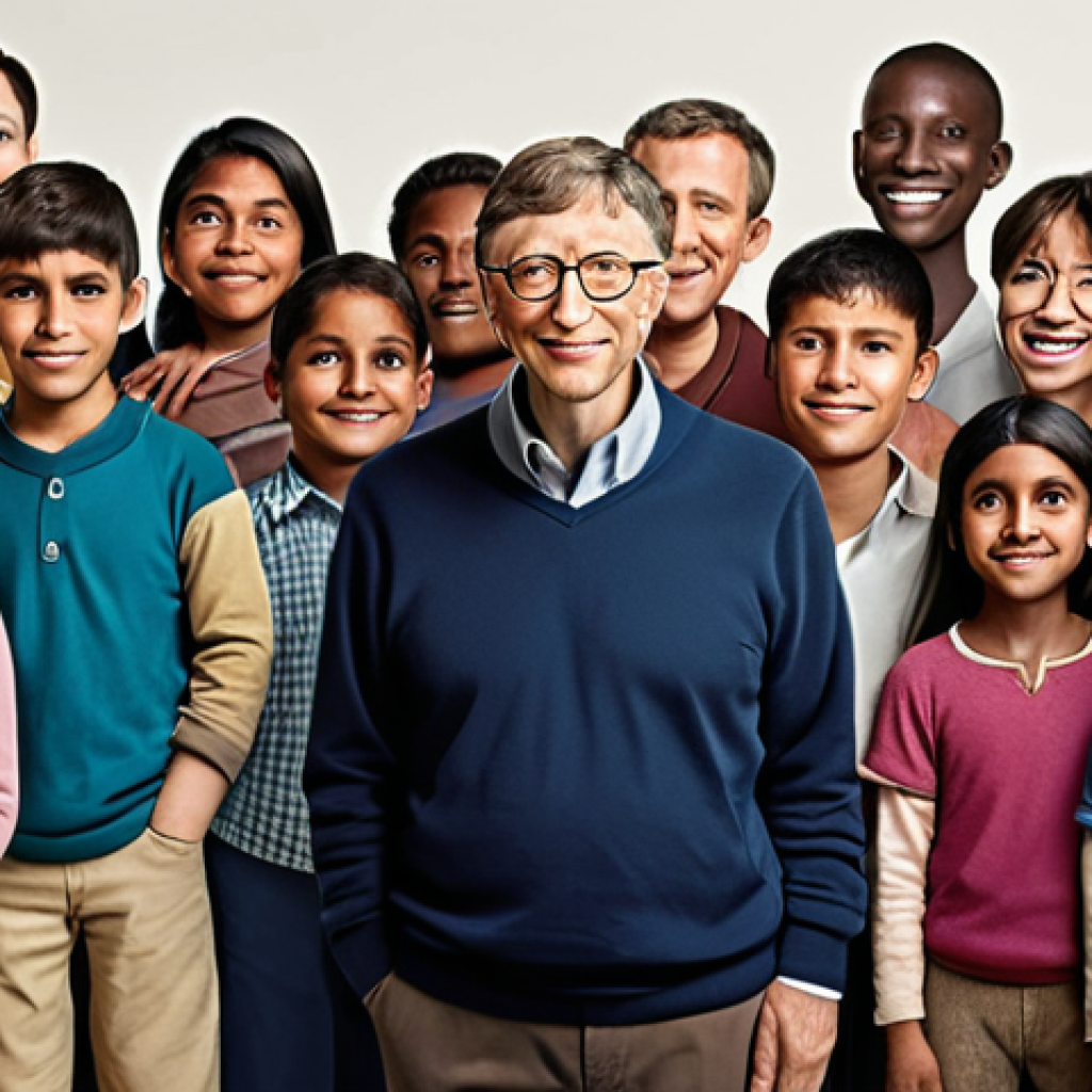 **Bill Gates as a beacon of hope:** A photorealistic image of Bill Gates with a warm, compassionate expression, standing in front of a diverse group of people (men, women, and children) from around the world. The background should be a soft, hopeful gradient with hints of projects related to healthcare, education, and poverty alleviation. The overall tone should be uplifting and inspiring.