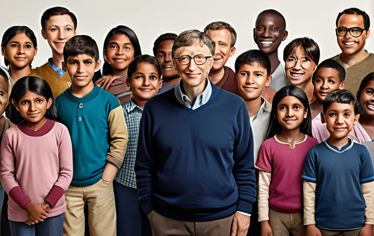 **Bill Gates as a beacon of hope:** A photorealistic image of Bill Gates with a warm, compassionate expression, standing in front of a diverse group of people (men, women, and children) from around the world. The background should be a soft, hopeful gradient with hints of projects related to healthcare, education, and poverty alleviation. The overall tone should be uplifting and inspiring.