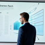 A professional tech executive, fully clothed in a sleek, modern business suit, stands in a minimalist, high-tech office. They are looking intently at a large, transparent holographic display that shows abstract, evolving digital interfaces and subtle data visualizations, symbolizing the transition and future of a global social media platform. The environment is clean, brightly lit, and emphasizes innovation and progress. Perfect anatomy, correct proportions, natural pose, well-formed hands, proper finger count, natural body proportions. Safe for work, appropriate content, professional, high-resolution photography, sharp focus, clean lines, professional dress.