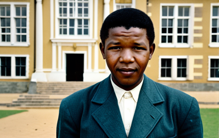 **
A young Nelson Mandela, fully clothed in modest attire suitable for a student, stands outside Fort Hare University in the 1940s. The scene captures the atmosphere of the era, with a focus on his determined expression. Safe for work, appropriate content, perfect anatomy, natural proportions, professional, family-friendly.
**