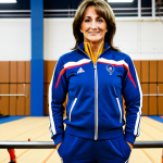 **

A professional portrait of Nadia Comaneci, fully clothed in a modest tracksuit, standing in a modern gymnasium. The background includes gymnastic equipment and supportive teammates. Perfect anatomy, correct proportions, natural pose, well-formed hands, proper finger count. Safe for work, appropriate content, professional, family-friendly, high-quality image, sports photography.

**