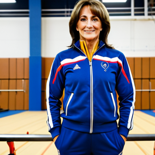 **

A professional portrait of Nadia Comaneci, fully clothed in a modest tracksuit, standing in a modern gymnasium. The background includes gymnastic equipment and supportive teammates. Perfect anatomy, correct proportions, natural pose, well-formed hands, proper finger count. Safe for work, appropriate content, professional, family-friendly, high-quality image, sports photography.

**