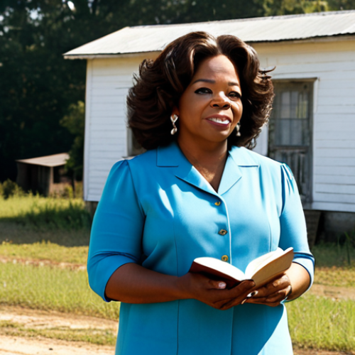 **

A young, determined Oprah Winfrey, fully clothed in modest attire, standing in front of a humble, rural home in Mississippi. The scene is bathed in warm, hopeful sunlight. Depict her with perfect anatomy, correct proportions, and a natural pose, holding a book, symbolizing her early struggles and thirst for knowledge.  Background shows fields and a simple, safe for work, family-friendly environment.  Professional quality, appropriate content, well-formed hands, proper finger count, natural body proportions.

**