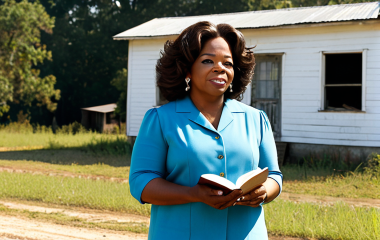 **
A young, determined Oprah Winfrey, fully clothed in modest attire, standing in front of a humble, rural home in Mississippi. The scene is bathed in warm, hopeful sunlight. Depict her with perfect anatomy, correct proportions, and a natural pose, holding a book, symbolizing her early struggles and thirst for knowledge. Background shows fields and a simple, safe for work, family-friendly environment. Professional quality, appropriate content, well-formed hands, proper finger count, natural body proportions.
**