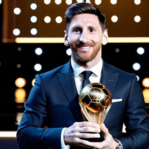 **

"Lionel Messi holding the Ballon d'Or trophy, smiling, in a formal suit, stage background with celebratory lights, fully clothed, appropriate attire, safe for work, perfect anatomy, natural proportions, professional photography, high quality, award ceremony"

**