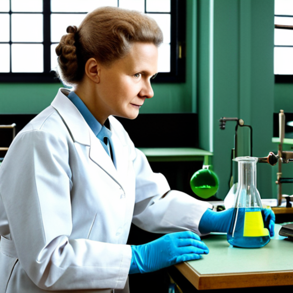 마리 퀴리 여성 과학자 - "Marie Curie in her laboratory, surrounded by scientific equipment, fully clothed in a modest lab co...