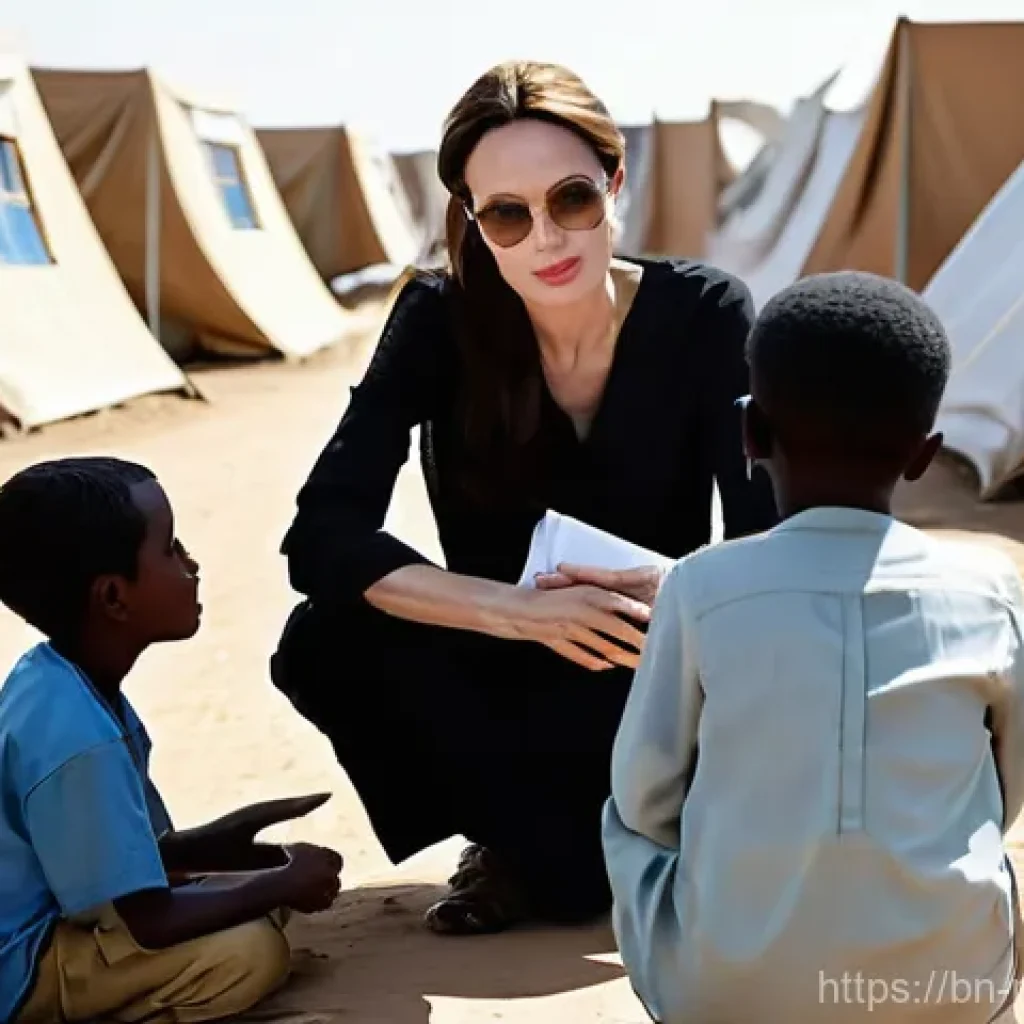 안젤리나 졸리 유니세프 활동 - **Prompt:** A heartwarming scene featuring Angelina Jolie in a sun-drenched refugee camp. She is kne...