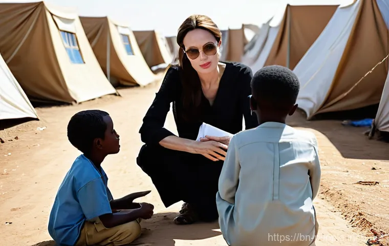 안젤리나 졸리 유니세프 활동 - **Prompt:** A heartwarming scene featuring Angelina Jolie in a sun-drenched refugee camp. She is kne...