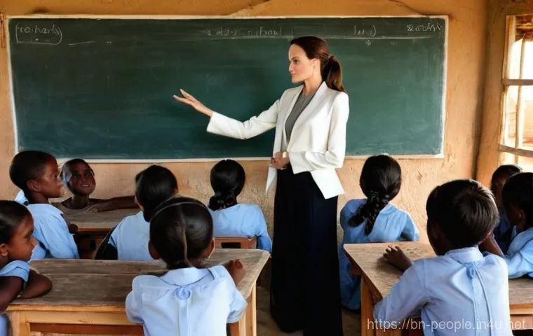 안젤리나 졸리 유니세프 활동 - **Prompt:** A heartwarming scene featuring Angelina Jolie in a sun-drenched refugee camp. She is kne...