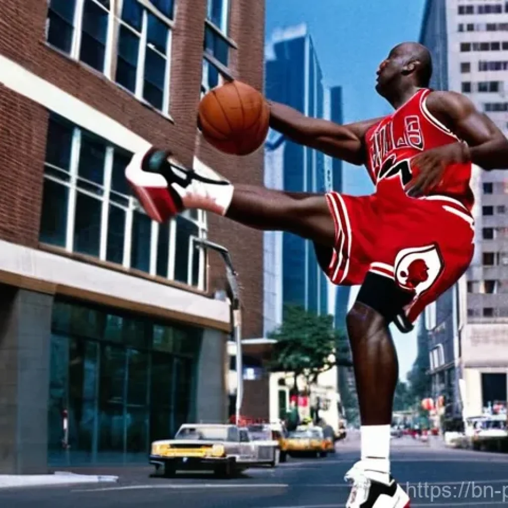 마이클 조던 스포츠 마케팅 - **Prompt:** A dynamic, cinematic shot capturing Michael Jordan in his prime, soaring towards the bas...
