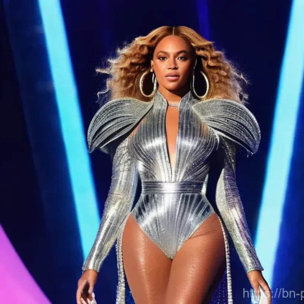 비욘세 패션 아이콘 - **Renaissance Tour Empress:** A powerful full-body shot of Beyoncé on a grand stage, dazzling in a f...