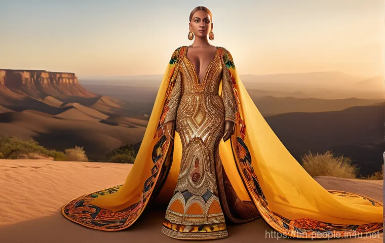 비욘세 패션 아이콘 - **Renaissance Tour Empress:** A powerful full-body shot of Beyoncé on a grand stage, dazzling in a f...