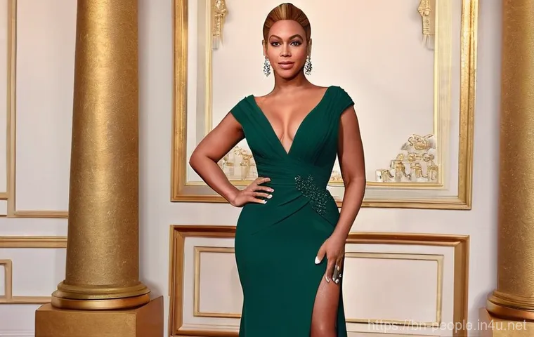 비욘세 패션 아이콘 - **Empowerment in African-Inspired Couture:** Beyoncé standing in a lush, ethereal landscape, wearing...