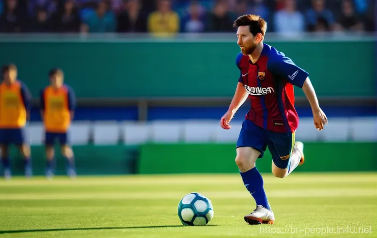 리오넬 메시 축구 커리어 - **Prompt:** A young Lionel Messi, around 18-20 years old, with short hair, wearing a classic Barcelo...