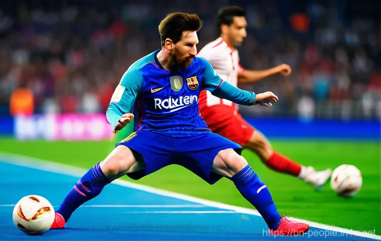 리오넬 메시 축구 커리어 - **Prompt:** Lionel Messi, in his prime, wearing the light blue and white striped Argentina national ...