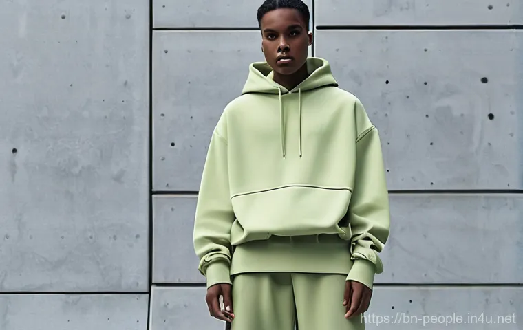 카니예 웨스트 패션 브랜드 - **Prompt 1: Core Yeezy Aesthetic - Futuristic Monochrome Comfort**
    "A full-body shot of a model,...