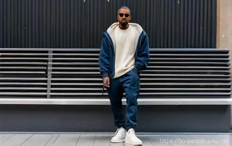 카니예 웨스트 패션 브랜드 - **Prompt 1: Core Yeezy Aesthetic - Futuristic Monochrome Comfort**
    "A full-body shot of a model,...