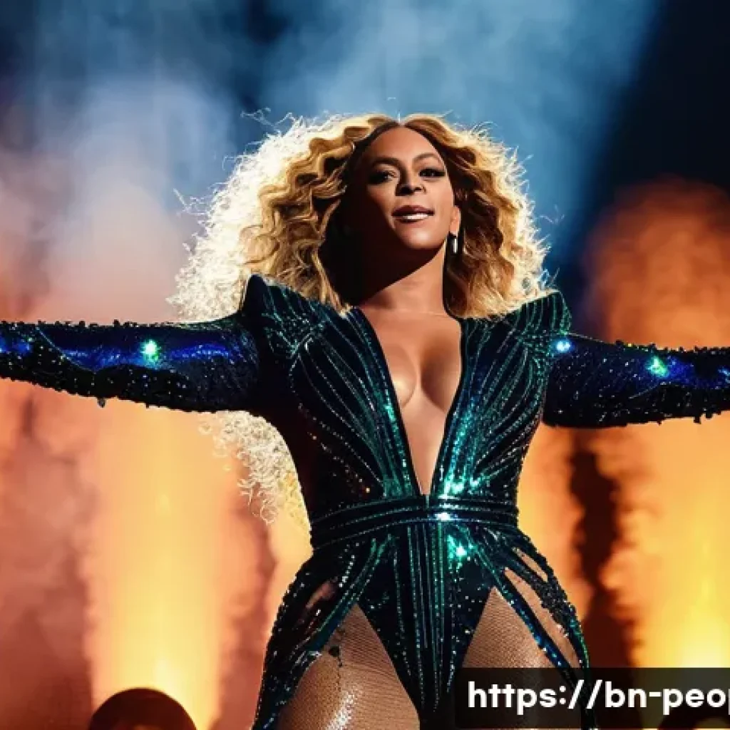 비욘세 음악 경력 - **A captivating full-body shot of Beyoncé performing live on a grand concert stage.** She is mid-son...