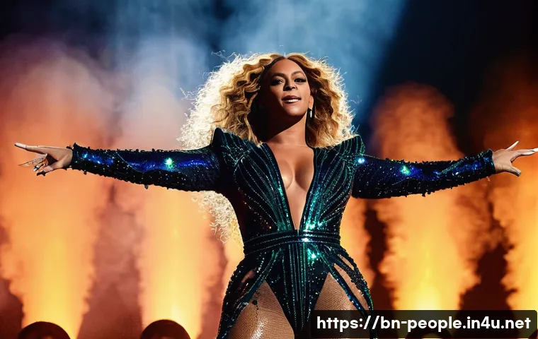 비욘세 음악 경력 - **A captivating full-body shot of Beyoncé performing live on a grand concert stage.** She is mid-son...