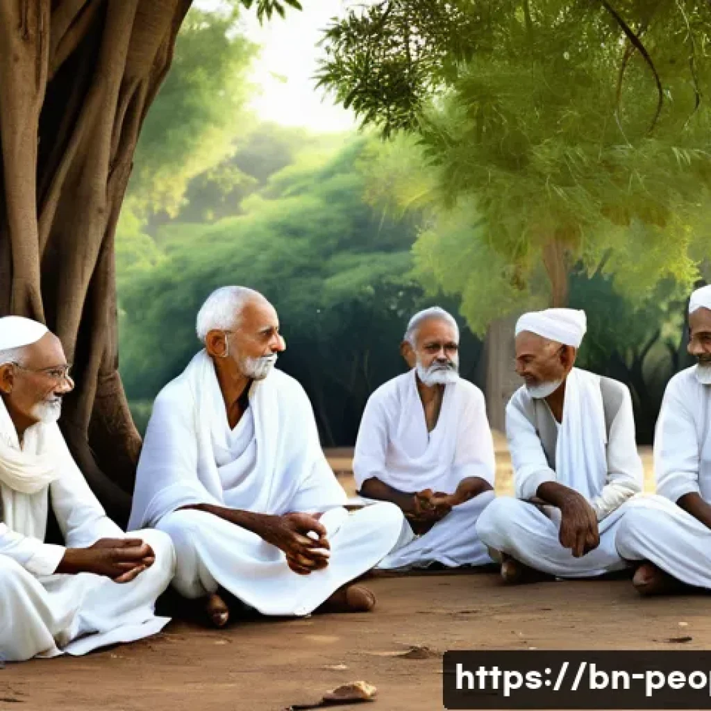 마하트마 간디 비폭력 운동 - A serene and inspiring portrait of Mahatma Gandhi dressed in traditional simple white cotton dhoti a...