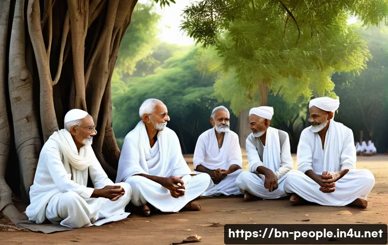 마하트마 간디 비폭력 운동 - A serene and inspiring portrait of Mahatma Gandhi dressed in traditional simple white cotton dhoti a...