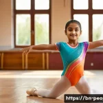 나디아 콤네치 체조 올림픽 금메달 - A young Bengali girl gymnast, around 8 years old, wearing a colorful leotard and white gymnastic sho...