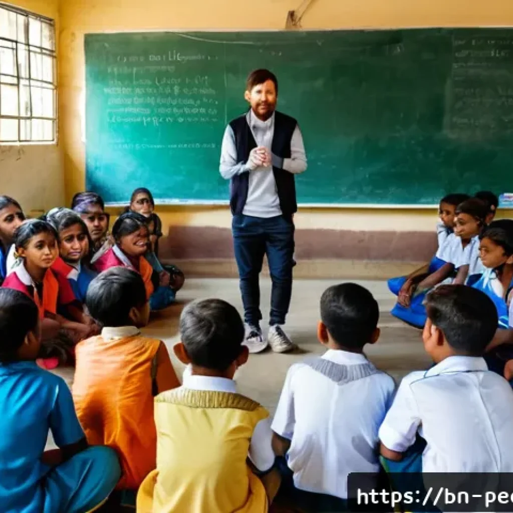 리오넬 메시 사회적 활동 - A compassionate scene showing Lionel Messi interacting with a group of Bengali children at a rural s...
