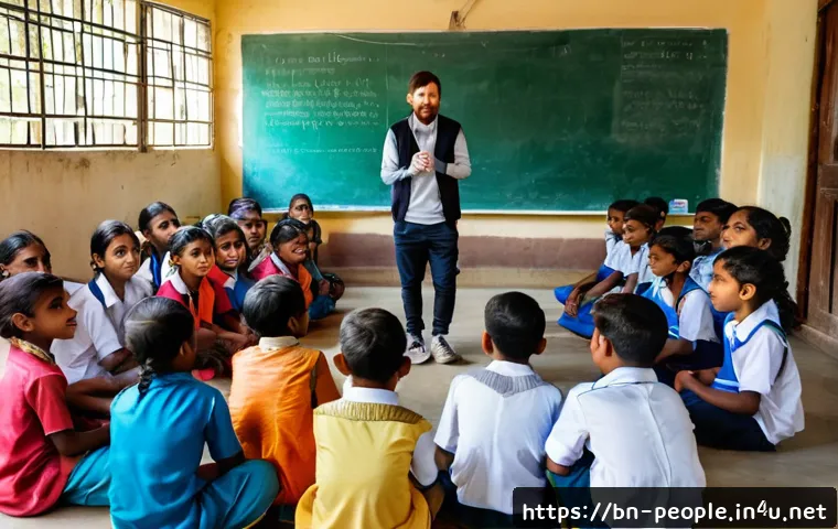 리오넬 메시 사회적 활동 - A compassionate scene showing Lionel Messi interacting with a group of Bengali children at a rural s...