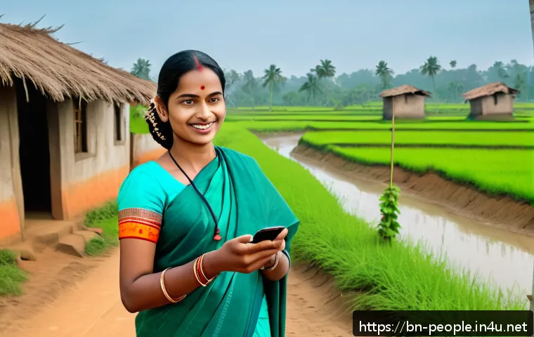 빌 게이츠 글로벌 건강 프로젝트 - A detailed digital healthcare scene set in a rural Bengali village, featuring a middle-aged Bengali ...