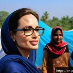 안젤리나 졸리 개인사 - A compassionate portrait of a female humanitarian aid worker resembling Angelina Jolie, wearing mode...