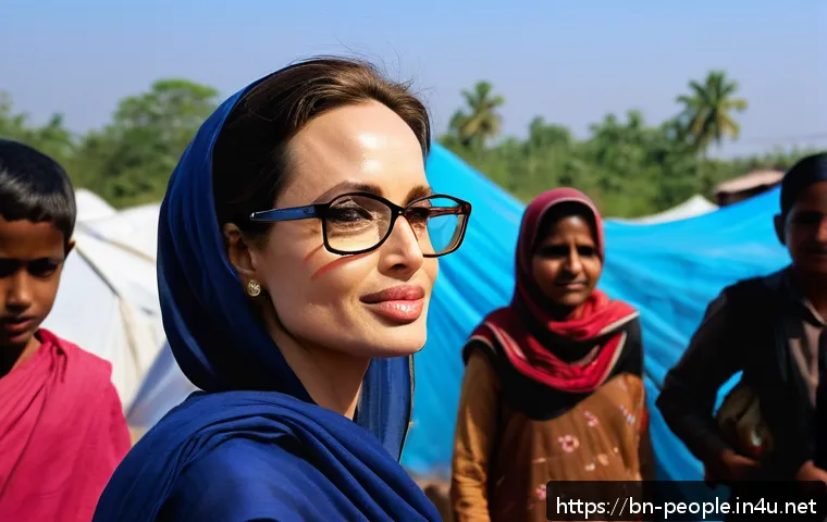안젤리나 졸리 개인사 - A compassionate portrait of a female humanitarian aid worker resembling Angelina Jolie, wearing mode...