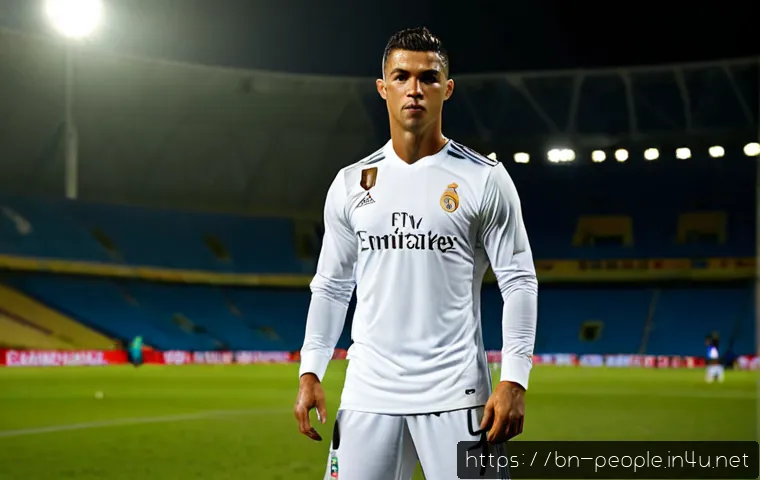Home 17 크리스티아누 호날두 스포츠 마케팅 - Photorealistic Cristiano Ronaldo in a sleek unbranded football kit, standing confidently beside a mo...