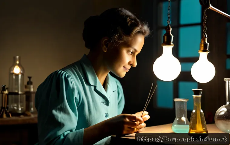 마리 퀴리 과학 혁신 - Photorealistic historical laboratory scene inspired by Marie Curie’s scientific innovation, a determ...