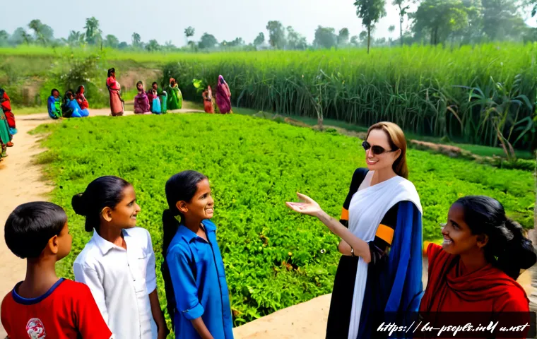 안젤리나 졸리 인권 운동 - Photorealistic Angelina Jolie-inspired female humanitarian ambassador speaking warmly with a diverse...