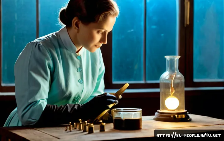 마리 퀴리 방사능 연구 - Photorealistic early 20th-century laboratory scene inspired by Marie Curie’s radioactivity research,...
